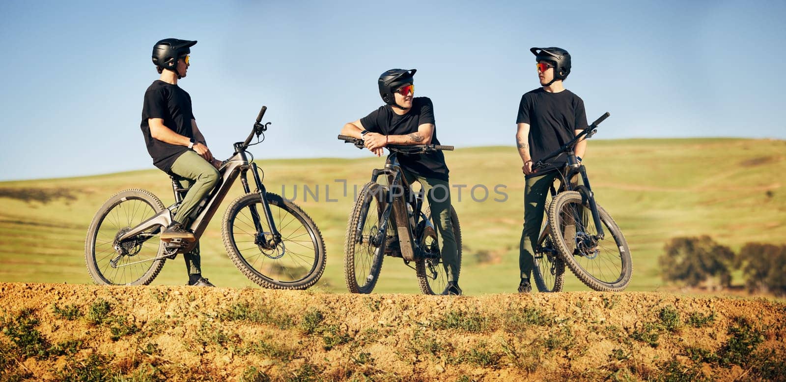 Composite, man and mountain bike outdoor in nature for sports training or workout break. Collection, countryside and wellness of biker person for off road cycling challenge, travel or adventure art.