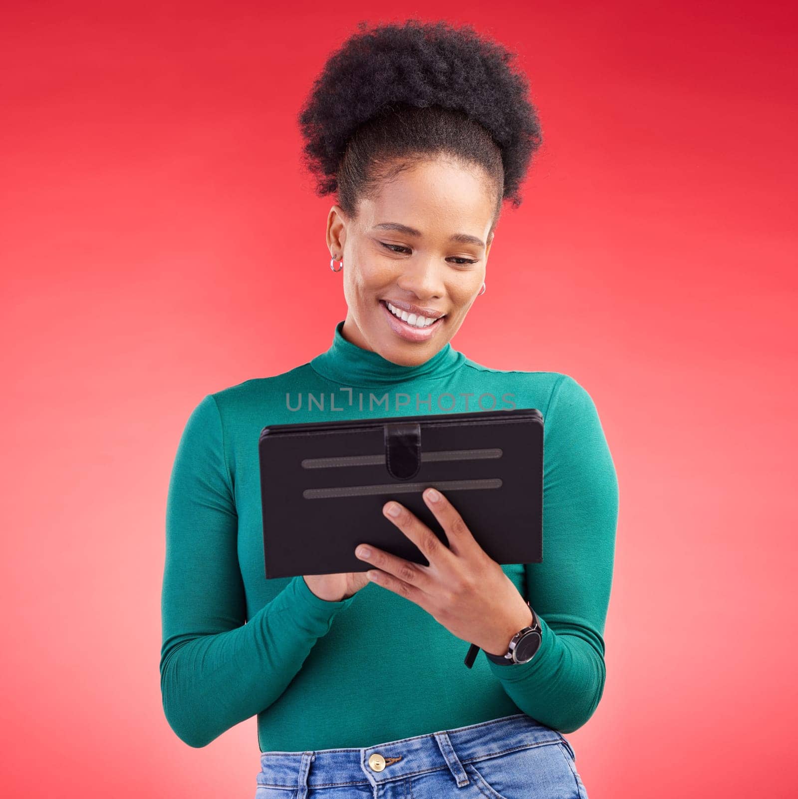 Happy woman, tablet and research for social media or communication against a red studio background. African female person on technology for online browsing, networking or streaming entertainment.