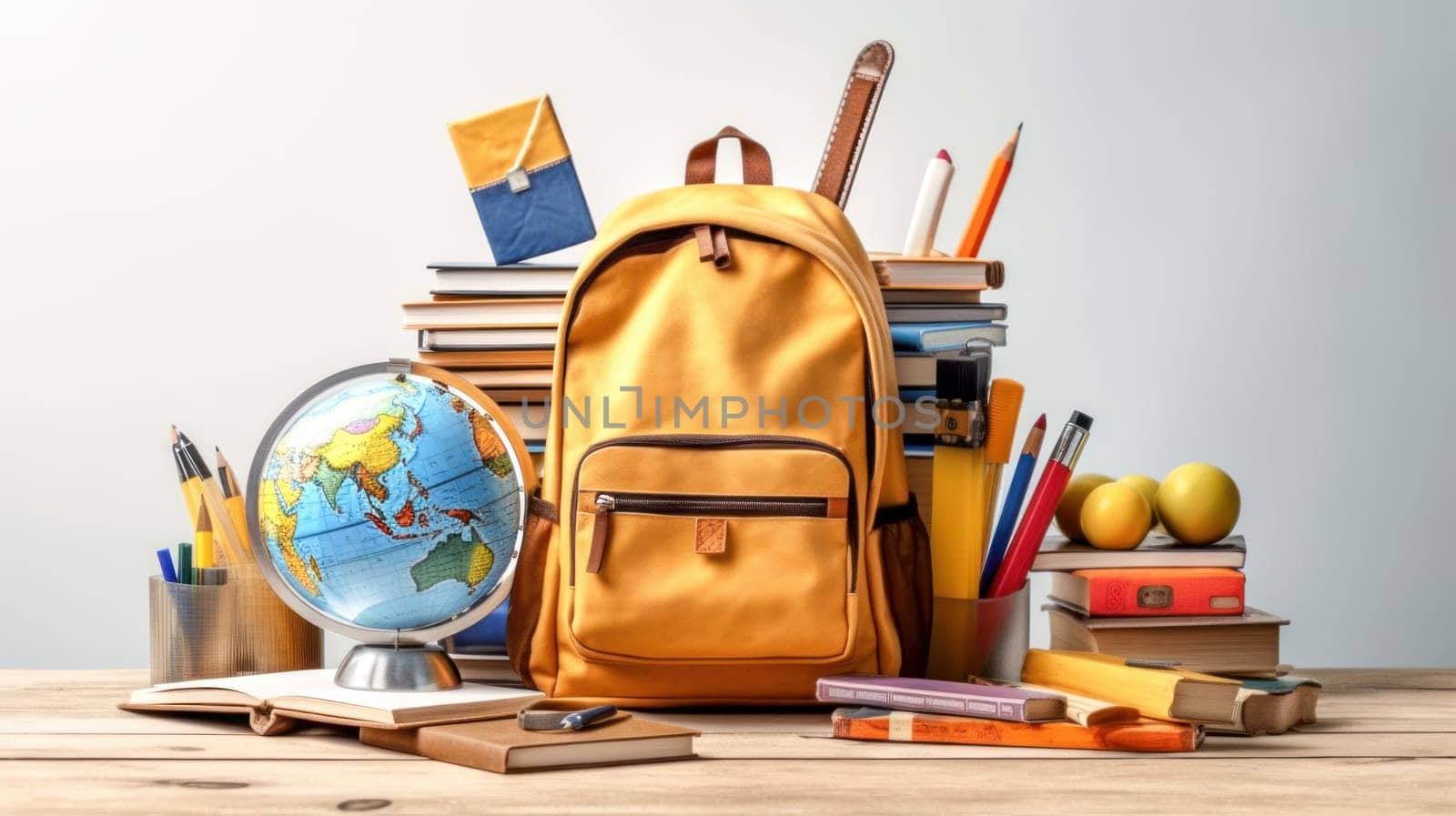 Orange backpack with school supplies on table. Back to school concept. Generative ai