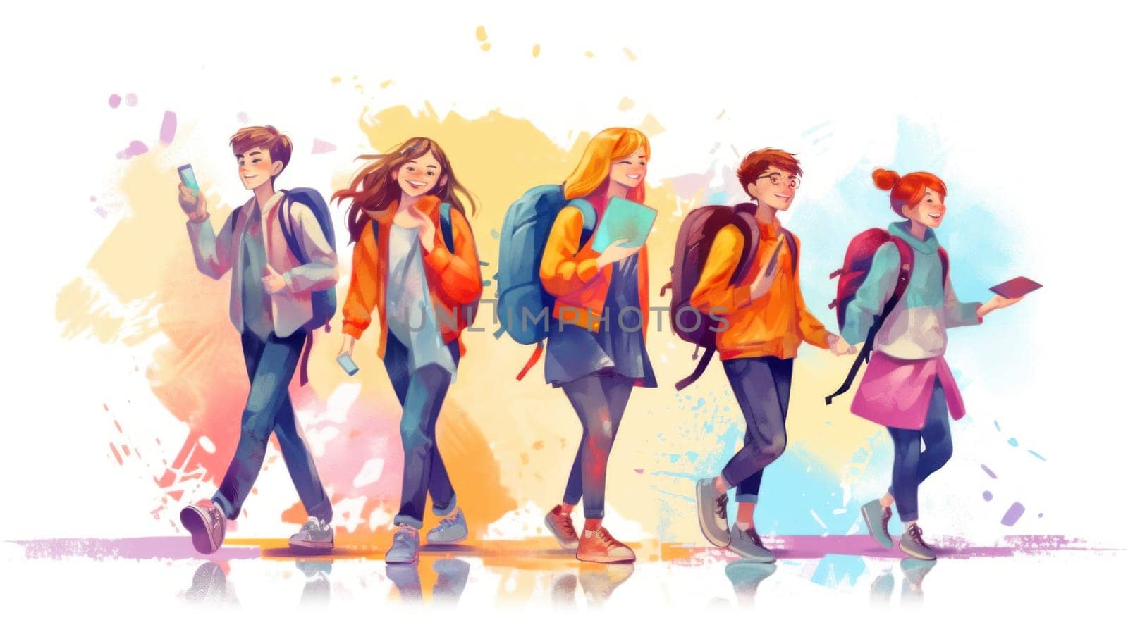 Happy cartoon style teenager students going to school. Back to school. Generative Ai