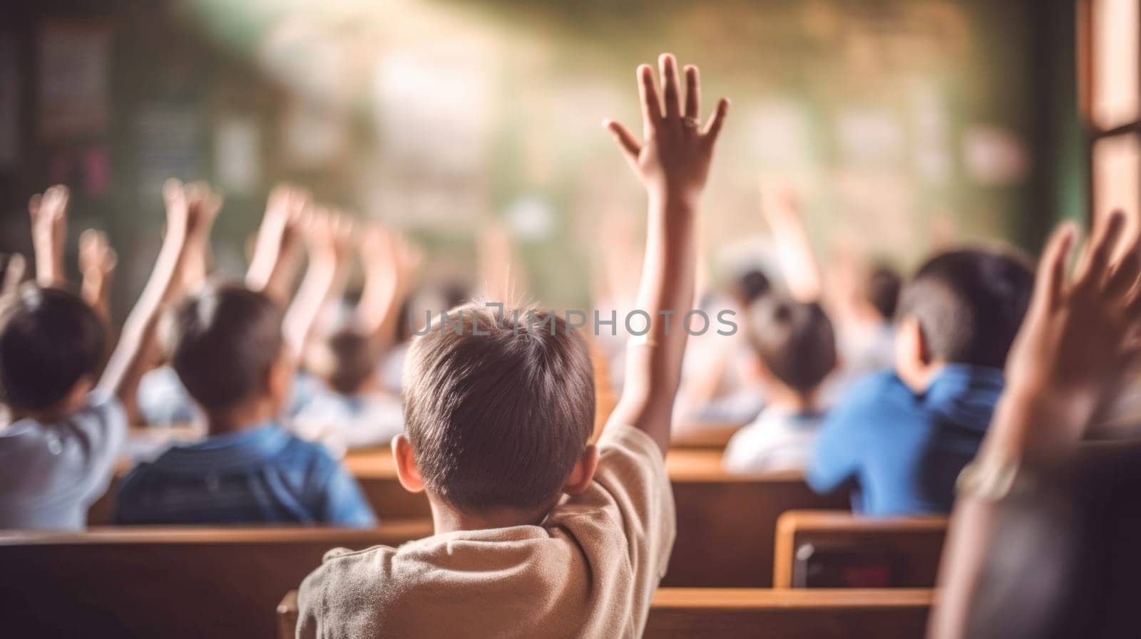 School children with hands up in classroom, view from back at the elementary school. Back to school. Generative ai