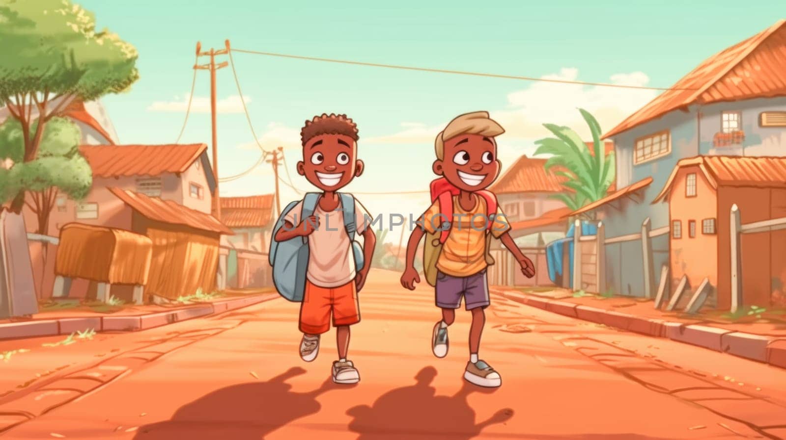 A group of young children with backpacks are walking to school on the dusty street. Back to school. Generative ai.