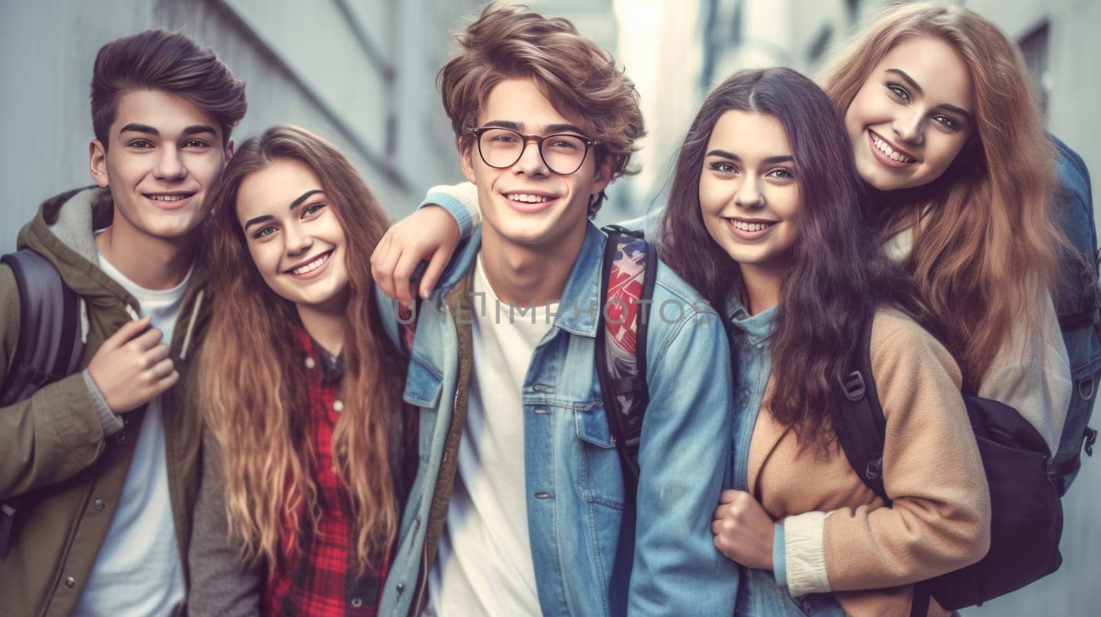 Happy caucasian teenager students looking at camera with blurred school building on background. Back to school. Generative Ai