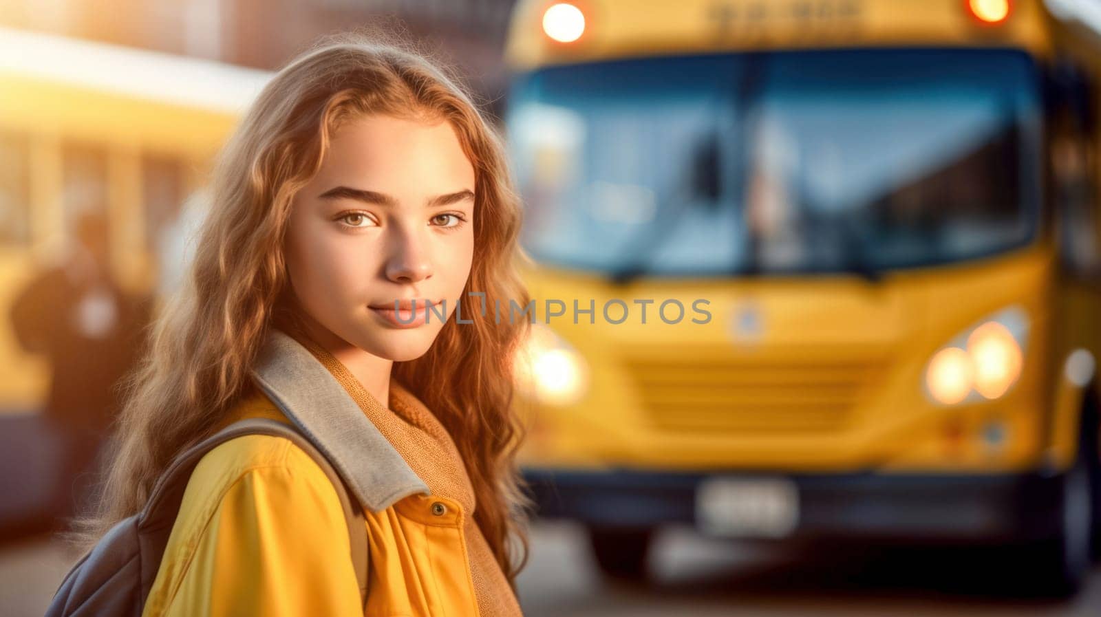 Happy caucasian teenager female student holding books looking at camera with blurred school building on background. Back to school. Generative Ai