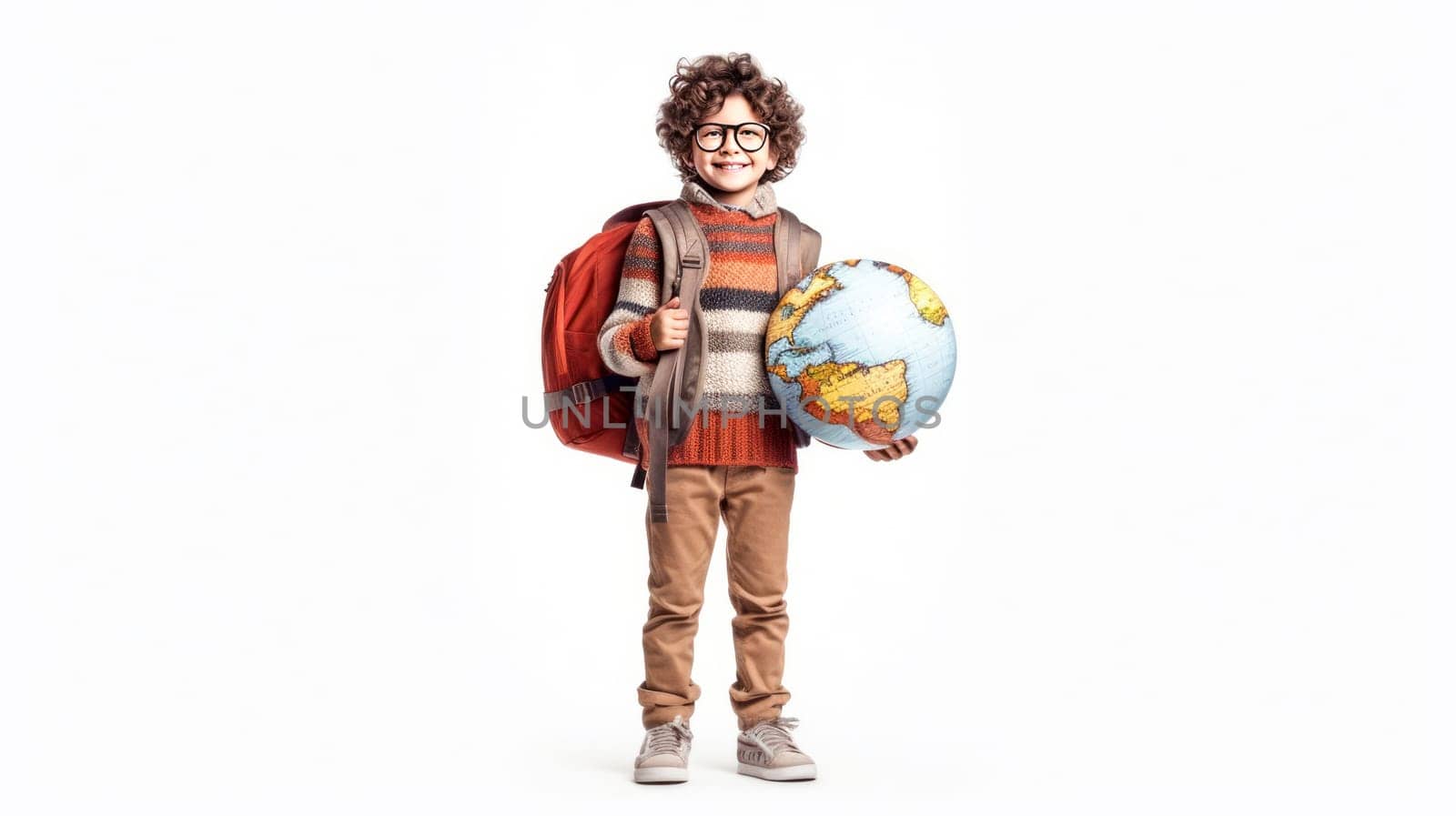 Little boy with backpack and globus looking at camera on white background. Back to school. Generative Ai