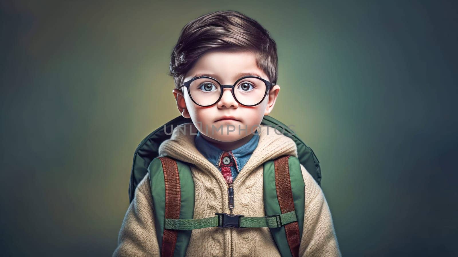 Stylish little boy with backpack looking at camera on grey background. Back to school. Generative Ai