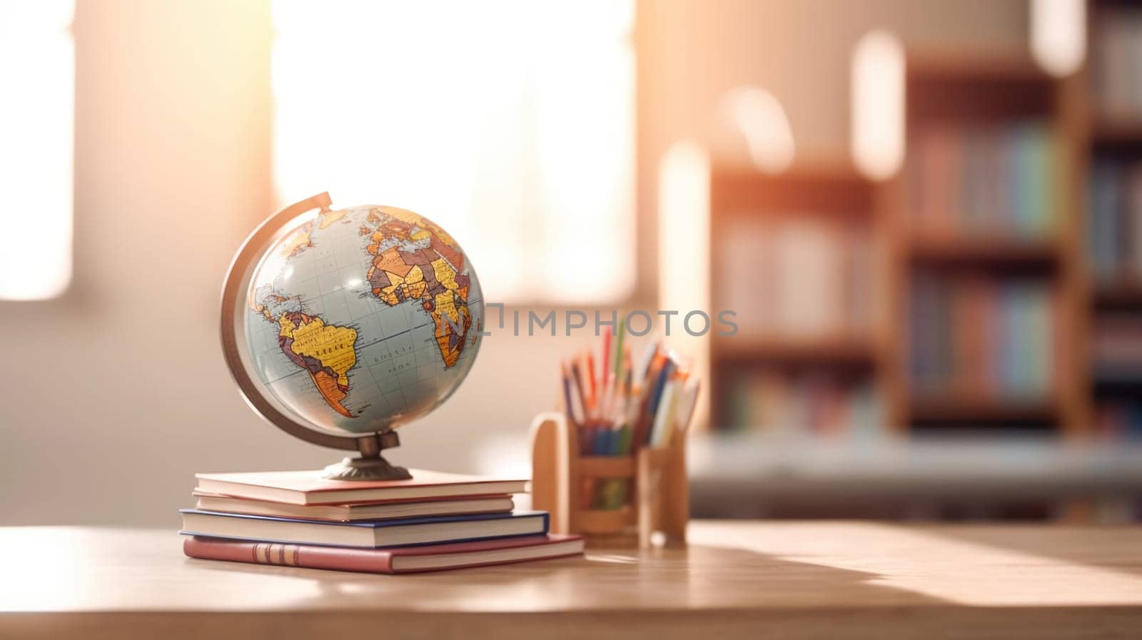 Orange backpack with school supplies on table. Back to school concept. Generative ai