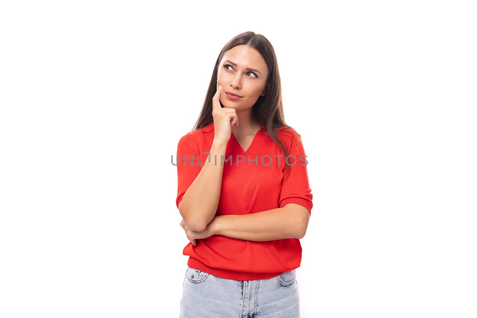 pretty caucasian woman with black hair wearing red blouse with v-neck isolated on white background with copy space.