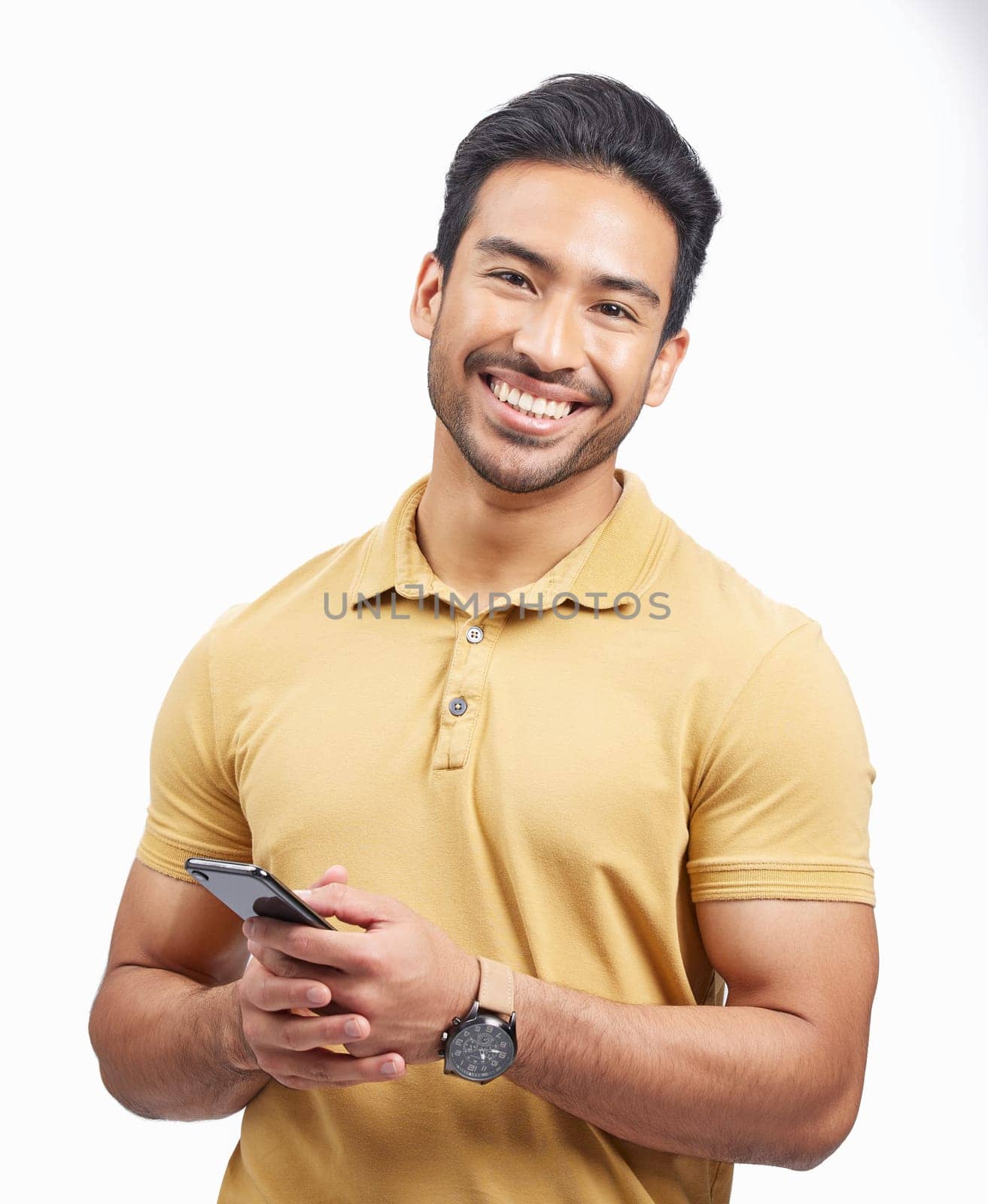 Portrait, smile and Asian man with a smartphone, connection and social media against a white studio background. Person, network and model with a cellphone, mobile app and communication with email.