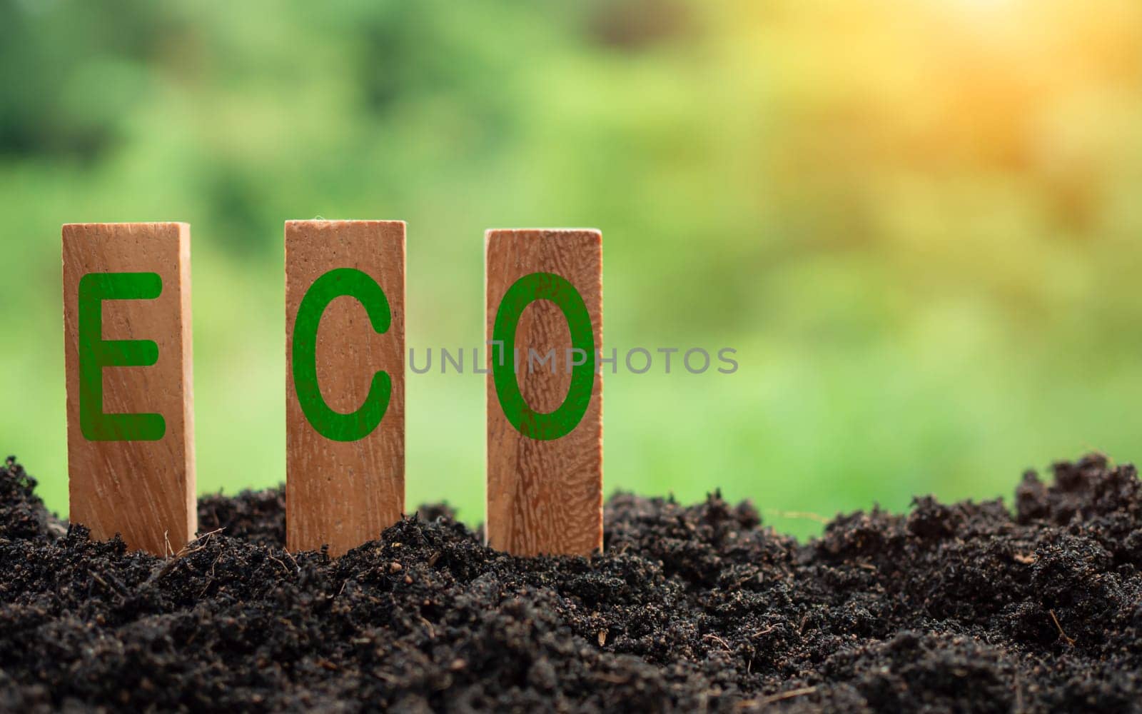 Wooden sticks stacked with ECO concept lettering on nature background. concept of future business growth for the environment. and design for reuse and renewable material resources and a sustainable environment