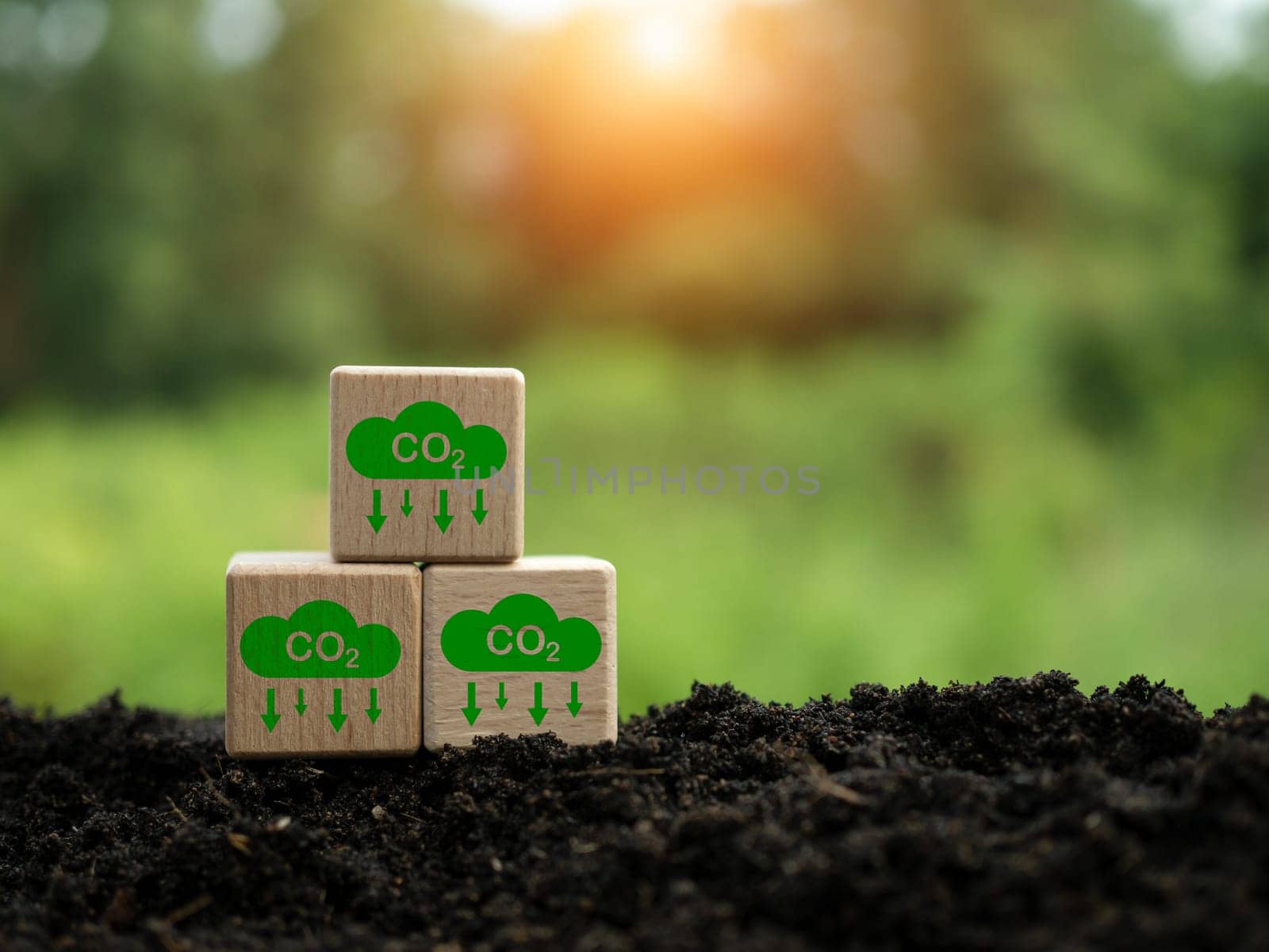 CO2 emission reduction concept, clean and friendly environment without carbon dioxide emissions. Planting trees to reduce CO2 emissions, environmental protection concept.