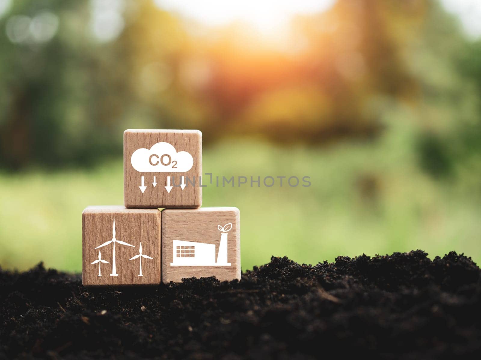 CO2 emission reduction concept, clean and friendly environment without carbon dioxide emissions. Planting trees to reduce CO2 emissions, environmental protection concept. by Unimages2527