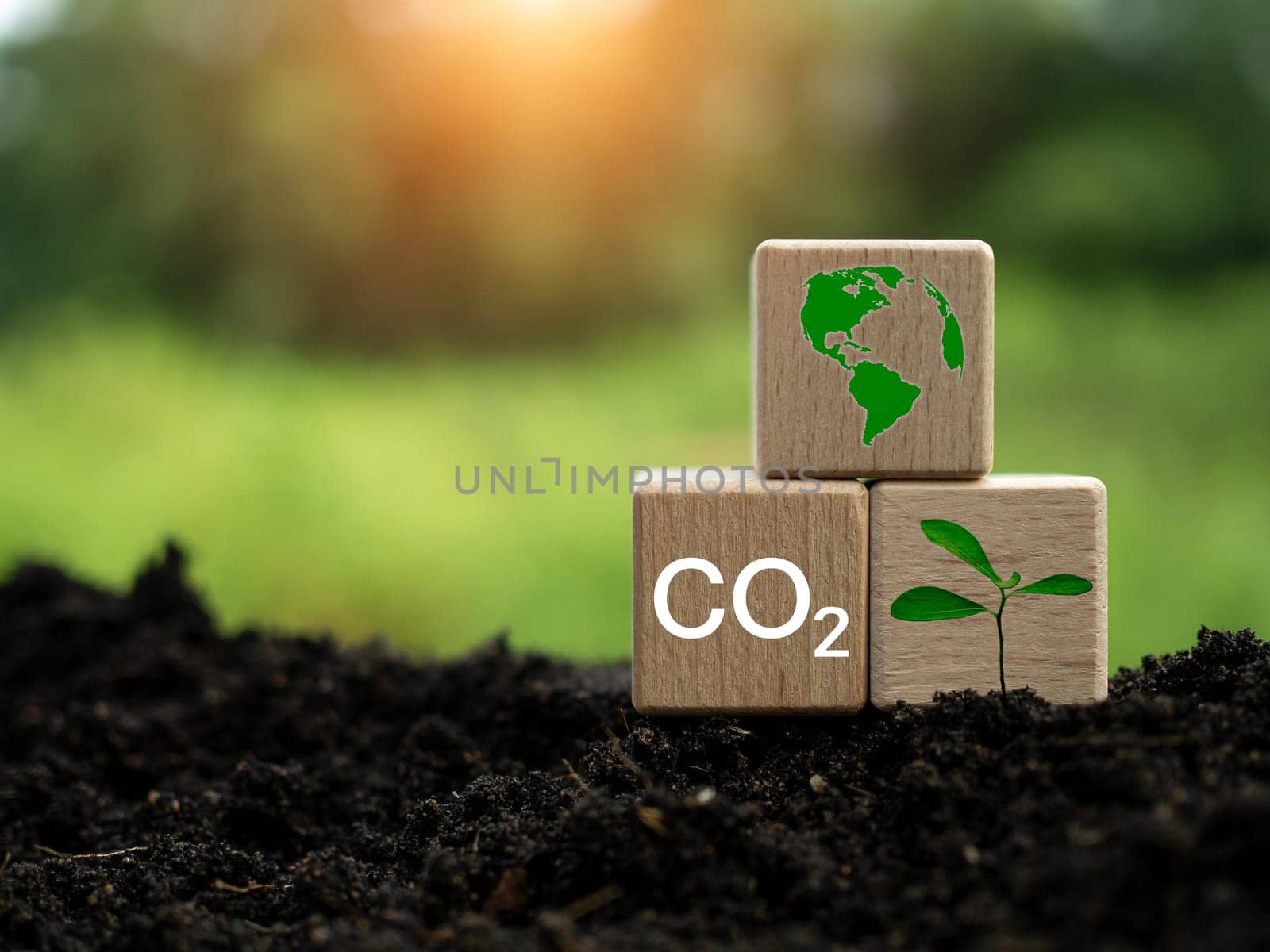 CO2 emission reduction concept, clean and friendly environment without carbon dioxide emissions. Planting trees to reduce CO2 emissions, environmental protection concept.