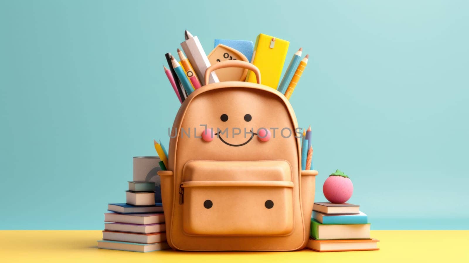 Cute yellow smiling backpack with school supplies on yellow background. Back to school concept. Generative ai
