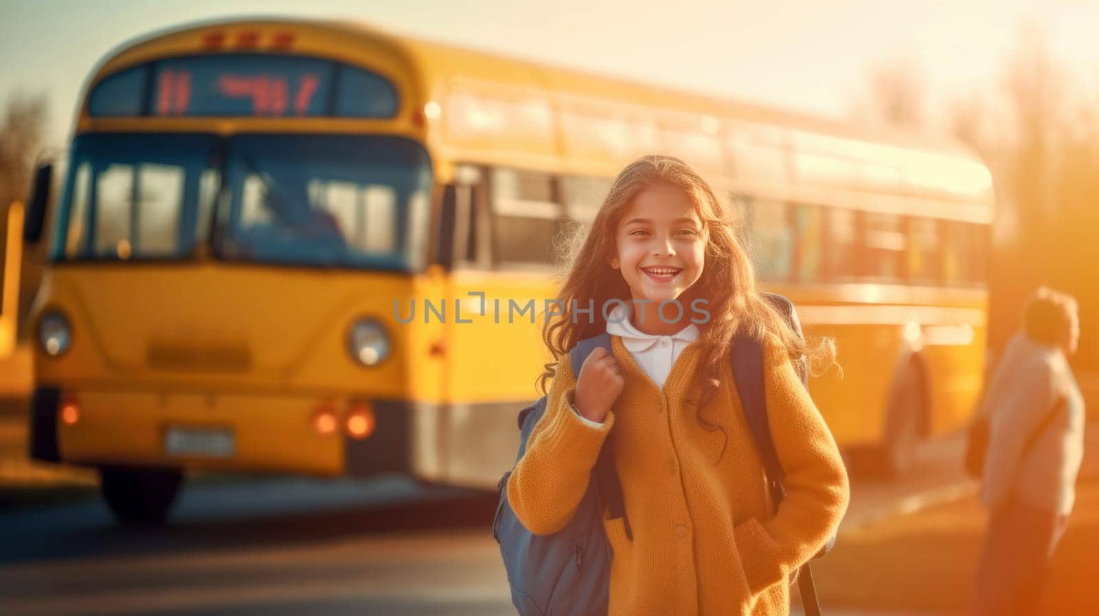 Little girl with backpack and books looking at camera yellow school bus on background. Back to school. Generative Ai