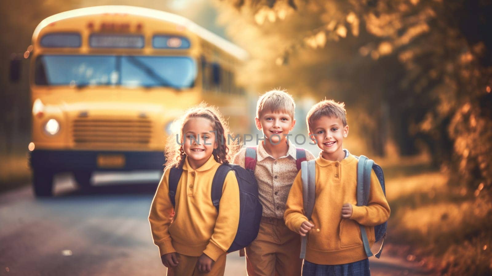 Little girl and boy with backpacks and books looking at camera yellow school bus on background. Back to school. Generative Ai