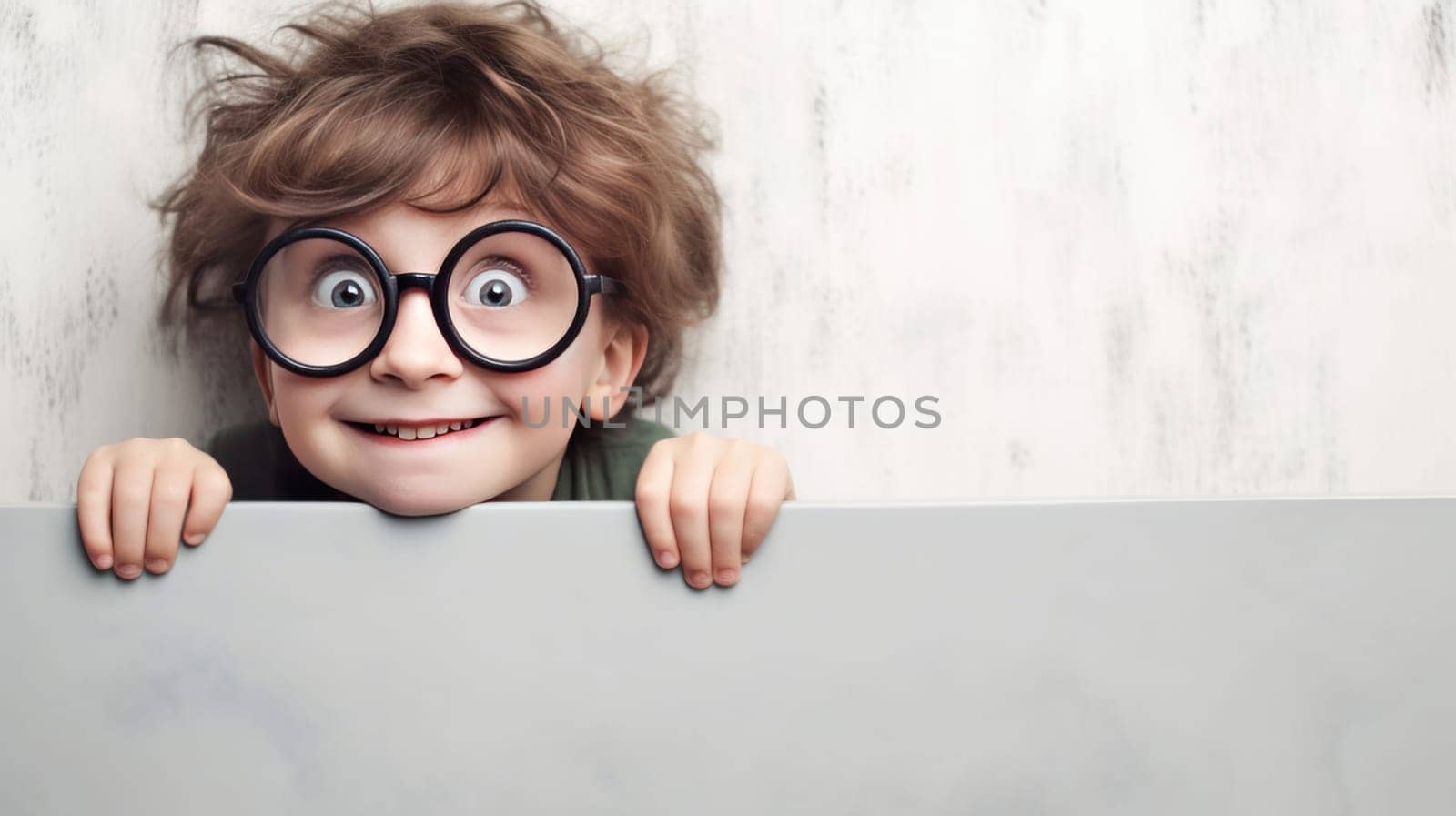 Surprized young black child hiding behind white advertisement board, Copy space for text or design, kid peeking out blank banner. Generative ai