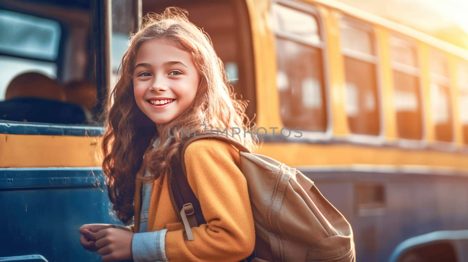 Little girl with backpack and books looking at camera yellow school bus on background. Back to school. Generative Ai