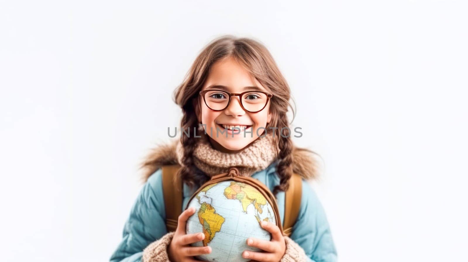 Little girl with backpack and globus looking at camera on white background. Back to school. Generative Ai