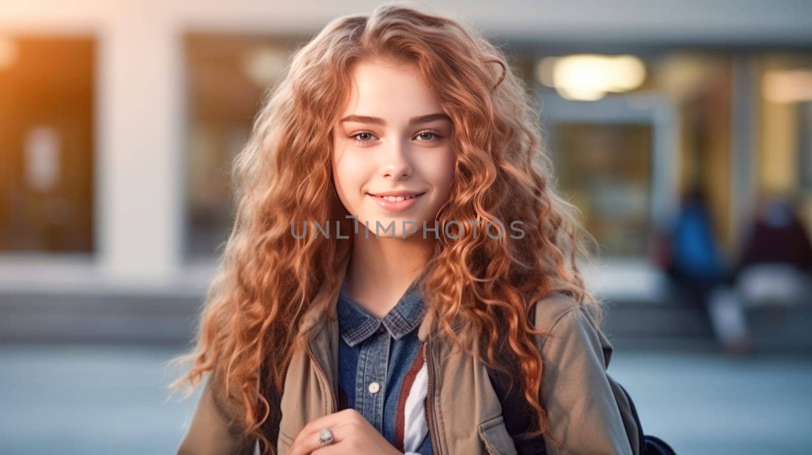 Happy caucasian teenager female student looking at camera with blurred school building on background. Back to school. Generative Ai