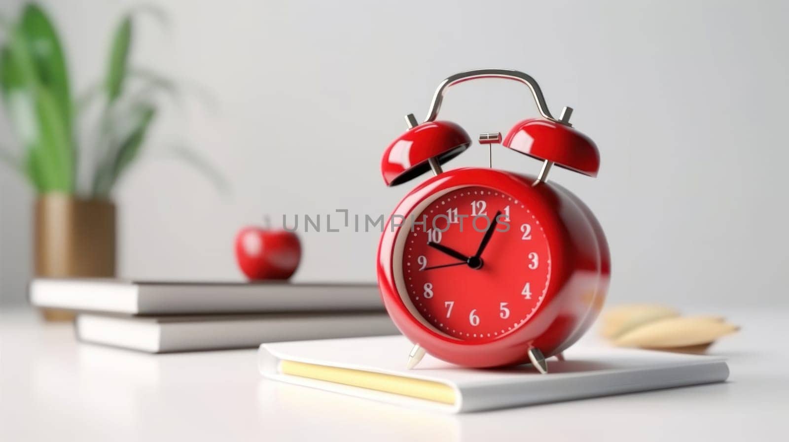 Colorful school supplies, red alarm clock on white background. Back to school. Generative ai