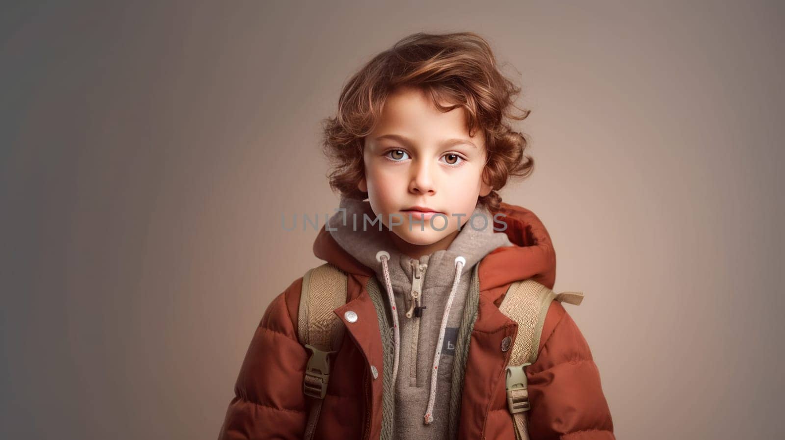 Stylish little boy with backpack looking at camera on grey background. Back to school. Generative Ai