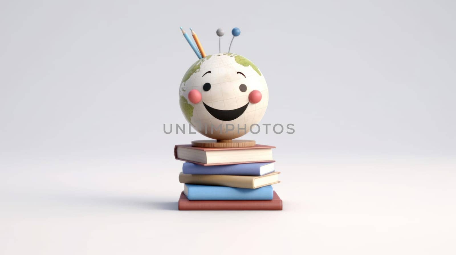 Books, smiling globus and school supplies on table. Back to school concept. Generative ai