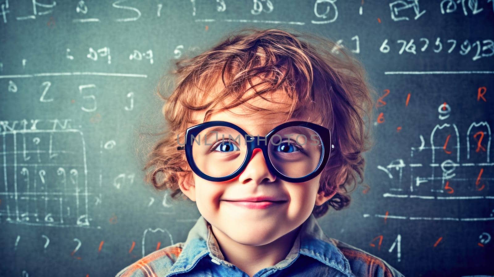 Curious smart boy in glasses against classroom whiteboard with math formulas background. Back to school. Generative Ai