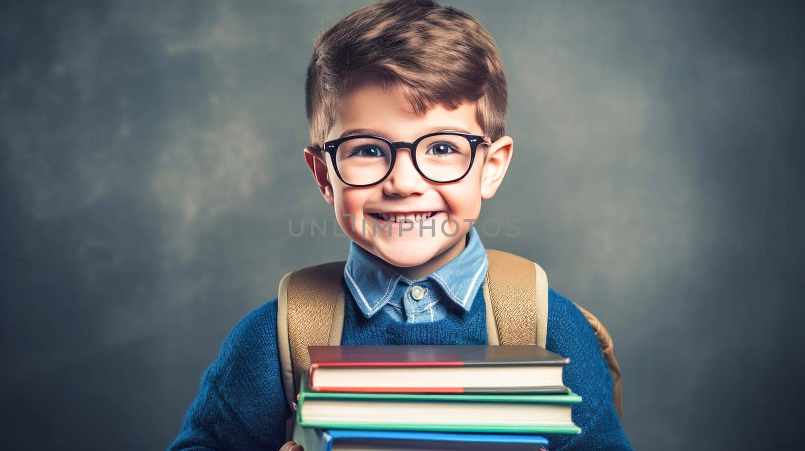 Stylish little boy with backpack looking at camera on grey background. Back to school. Generative Ai