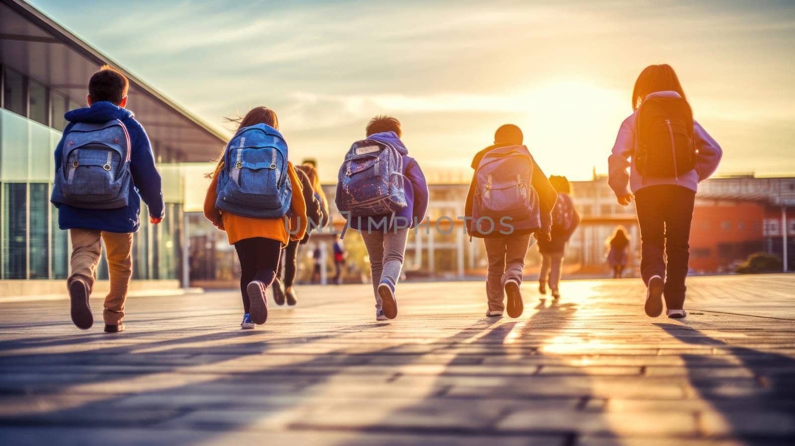 Funny kids with backpacks running to school on background. Back to school. Generative Ai