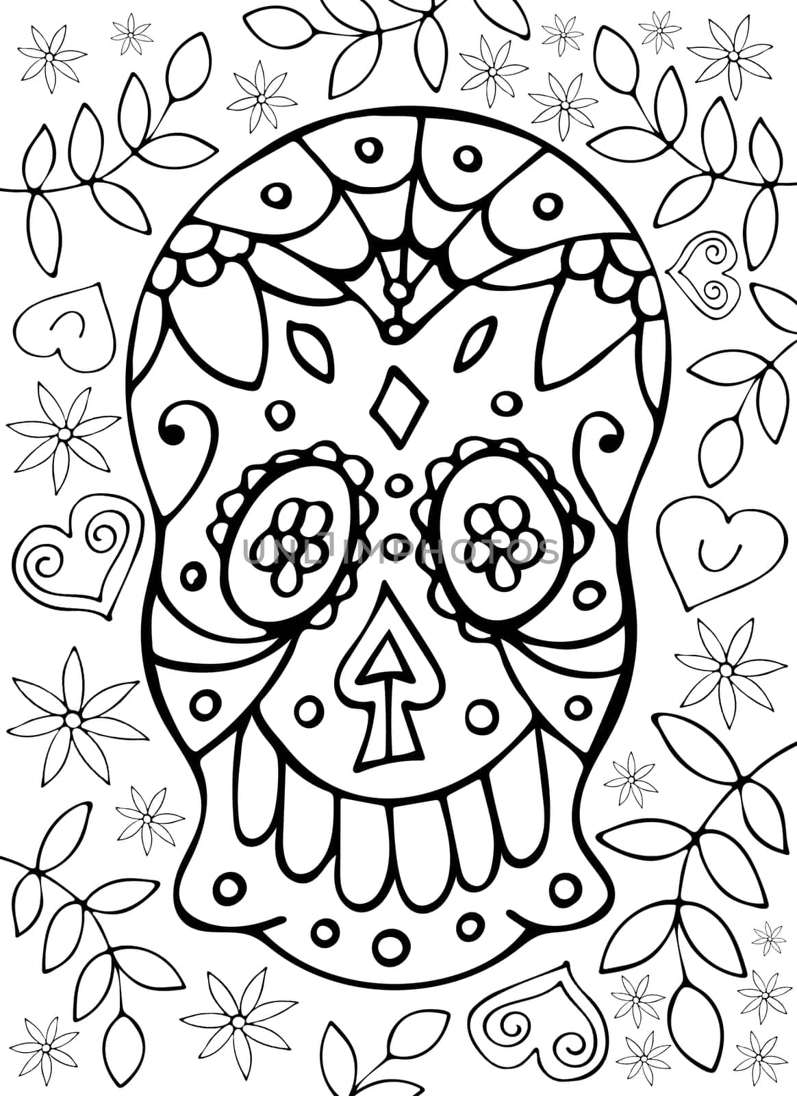 Sugar Skull Head with a Traditional Mexican Mural to Celebrate the Day of Dead. Black and White Anti Stress Paint for Coloring Book, Page and Sheet. Dia de los Muertos Holiday.