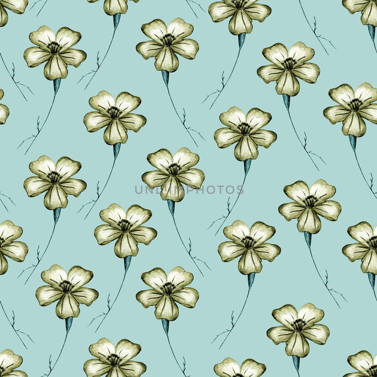 Seamless Pattern with Hand-Drawn Yellow Flower. Light Green Background with Thin-leaved Yellow Marigolds for Print, Design, Holiday, Wedding and Birthday Card.