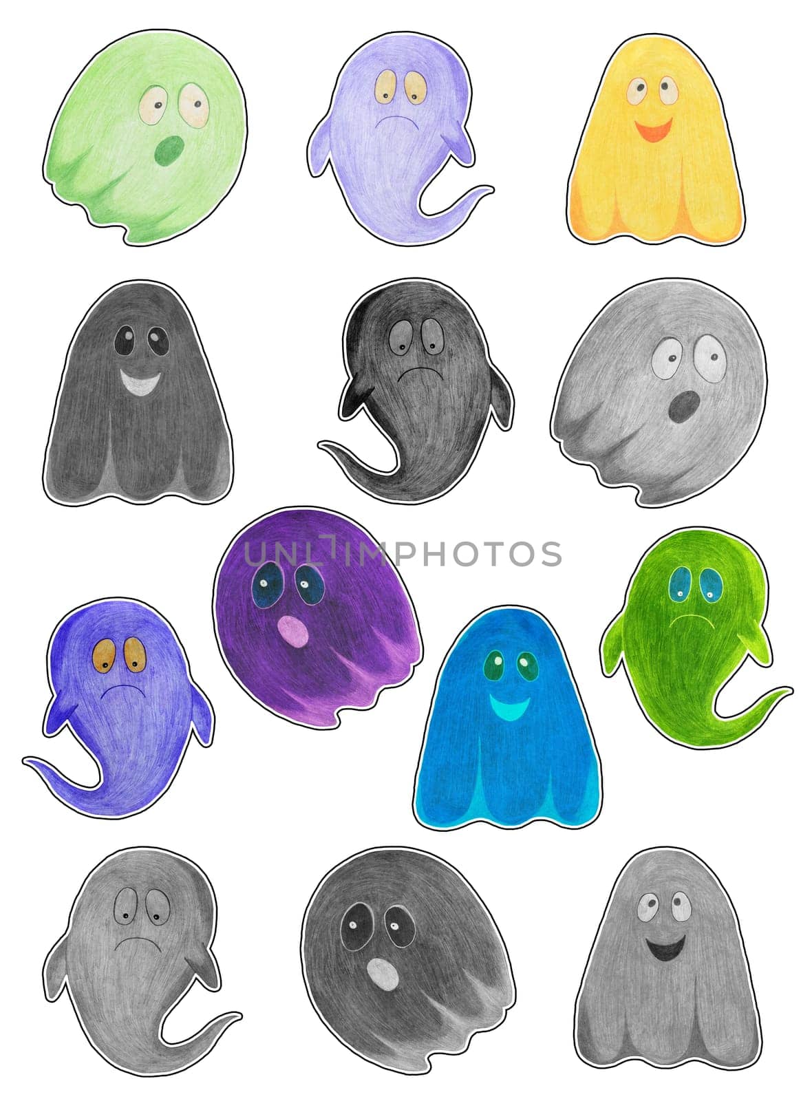 Printable Set of Hand Drawn Halloween Ghosts Sticker Pack. Halloween Scary Ghostly Monsters. Cute Cartoon Spooky Character, Drawn by Colored Pencils.