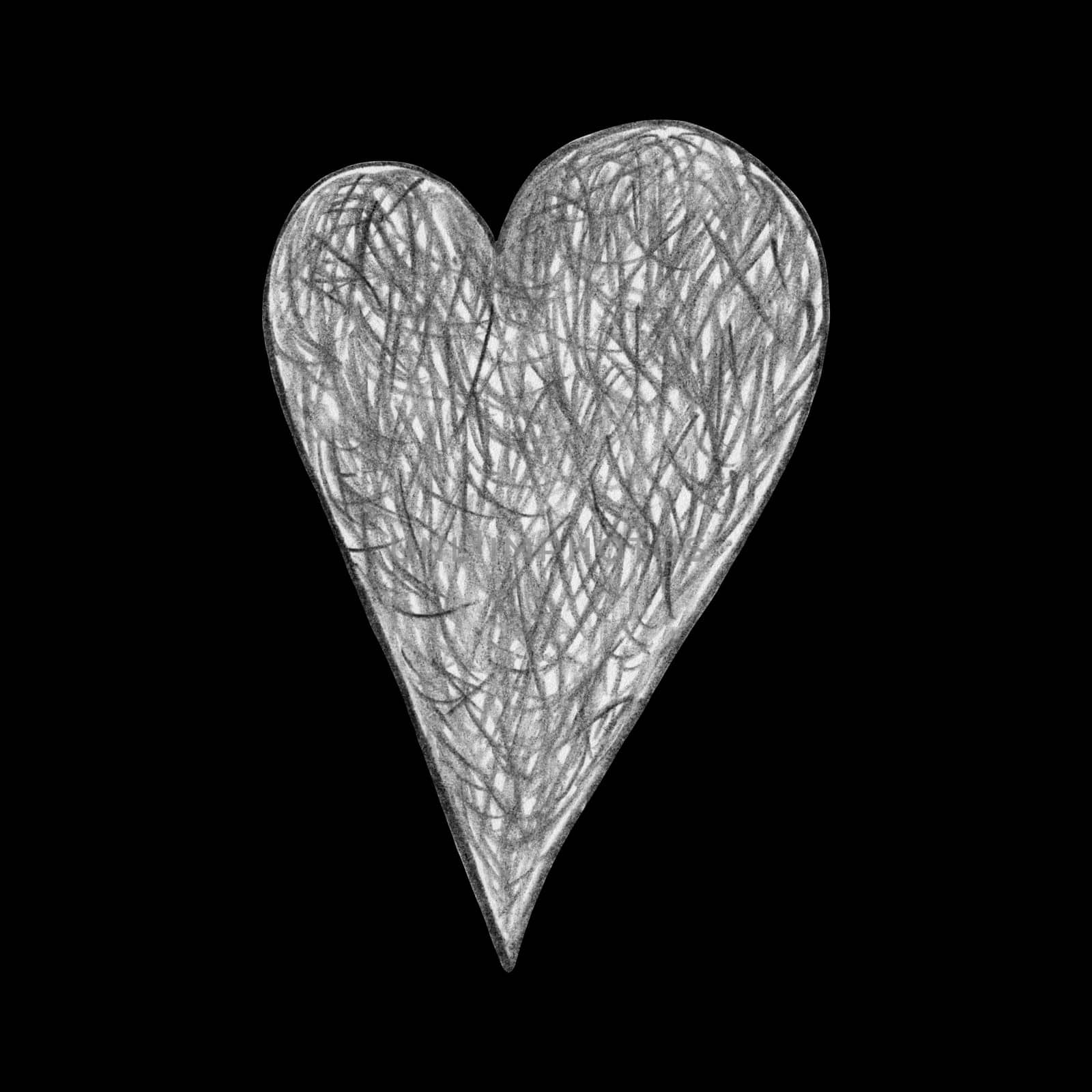 Black and White Heart Drawn by Pencil. The Sign of World Heart Day. Symbol of Valentines Day. Heart Shape Isolated on Black Background.