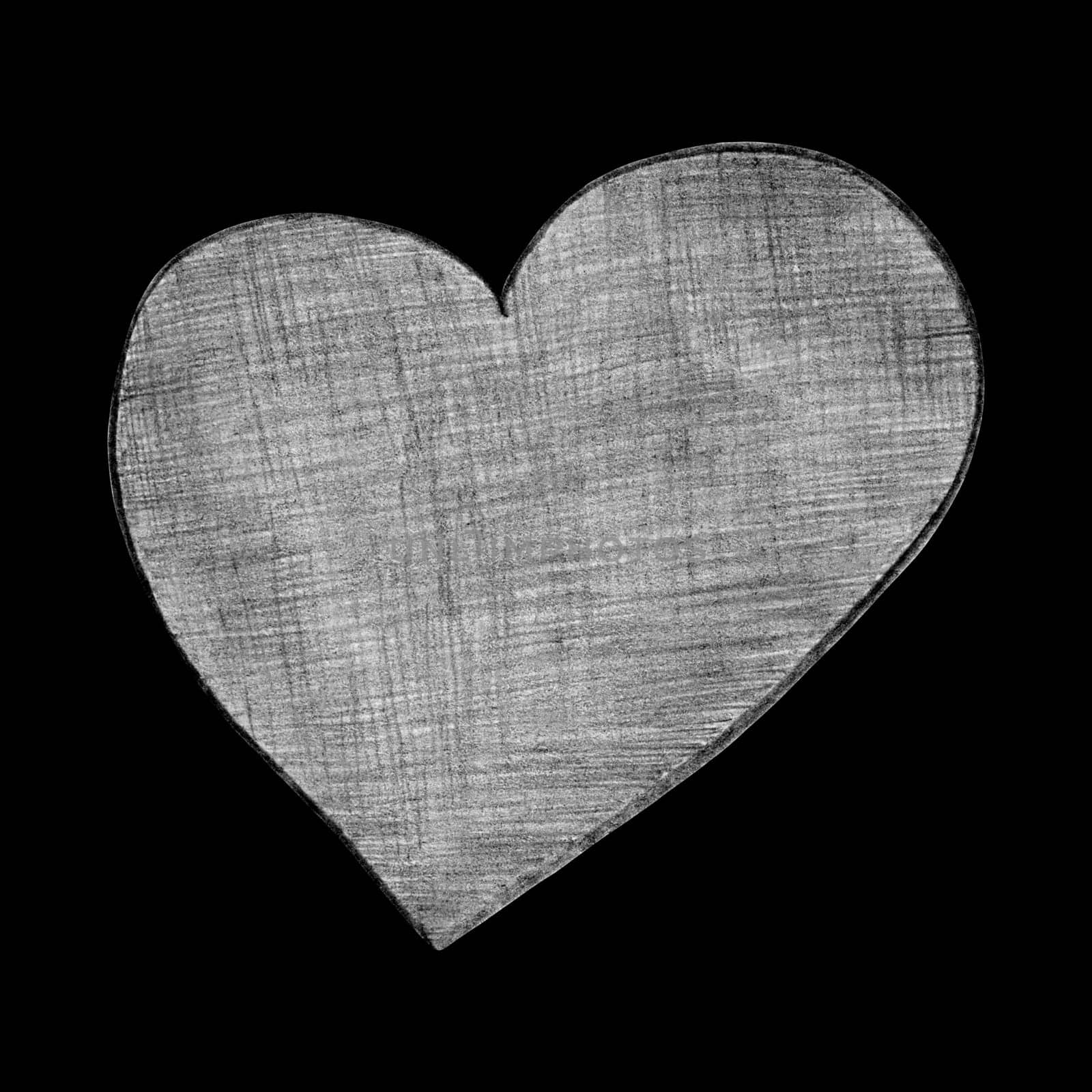 Black and White Heart Drawn by Pencil. The Sign of World Heart Day. Symbol of Valentines Day. Heart Shape Isolated on Black Background.