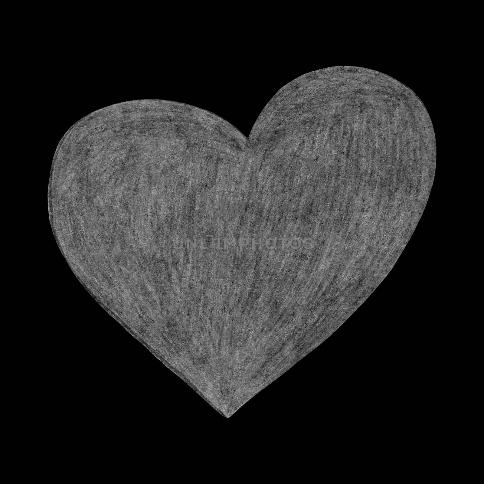 Black and White Heart Drawn by Pencil. The Sign of World Heart Day. Symbol of Valentines Day. Heart Shape Isolated on Black Background.