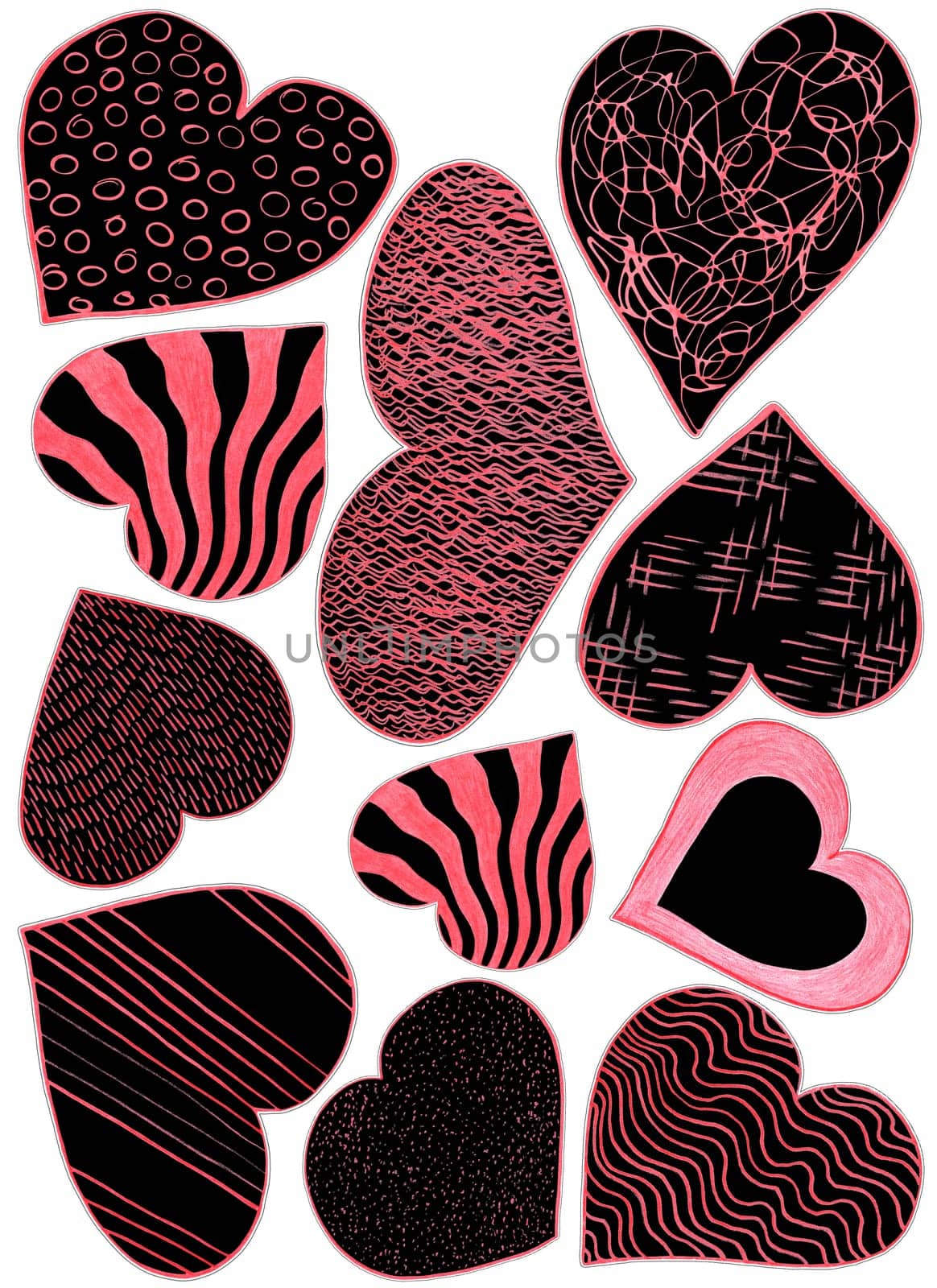 Set of Red and Black Heart Stickers Drawn by Colored Pencil. Heart Shape Sticker Collection Isolated on White Background. by Rina_Dozornaya