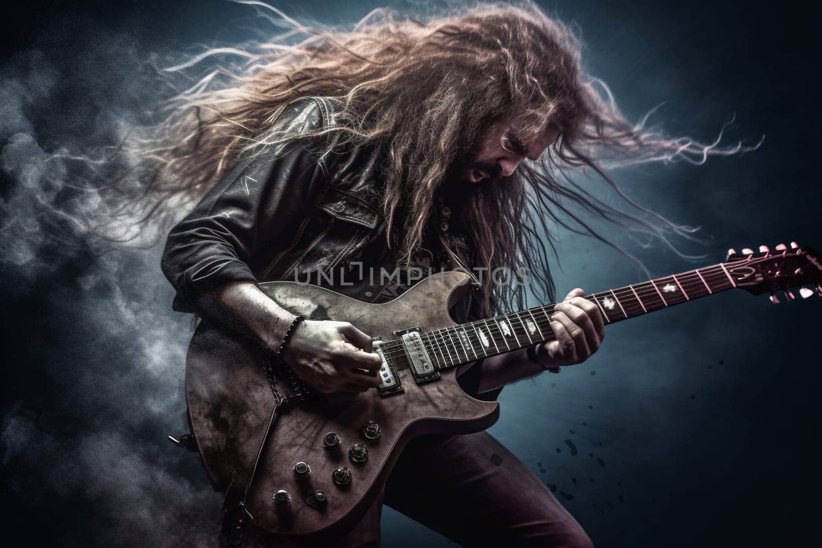 Heavy metal musician with long hair with a guitar, generative ai