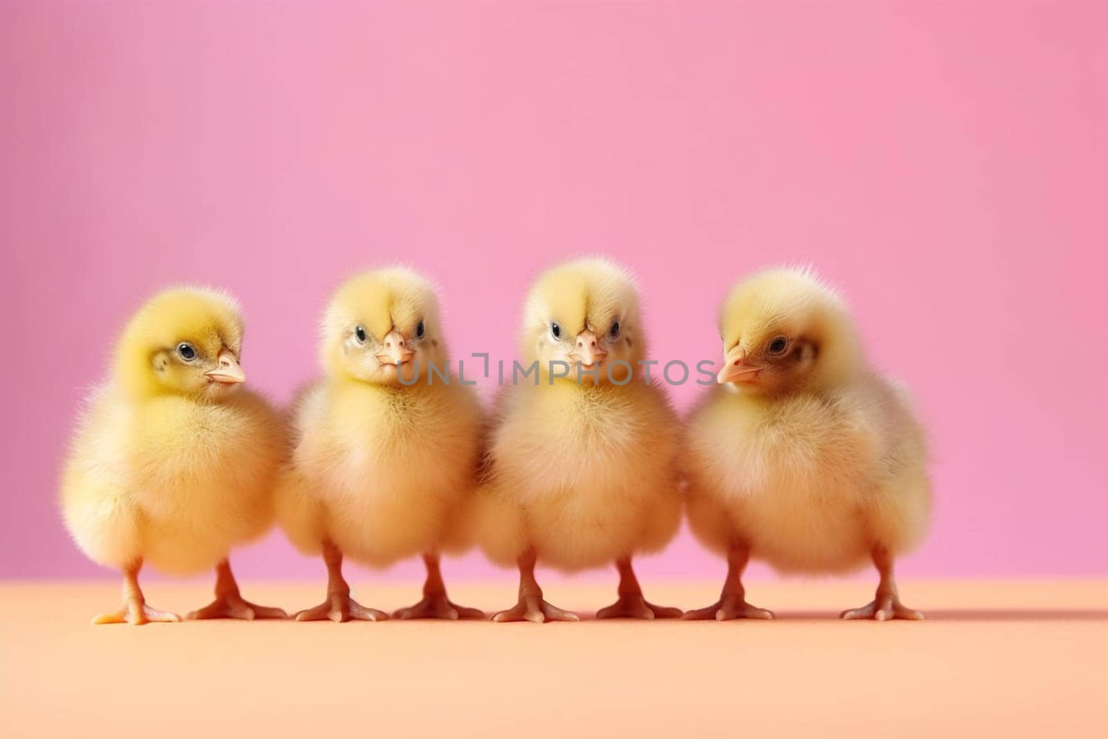 Four small yellow chicks standing in a row, generative ai