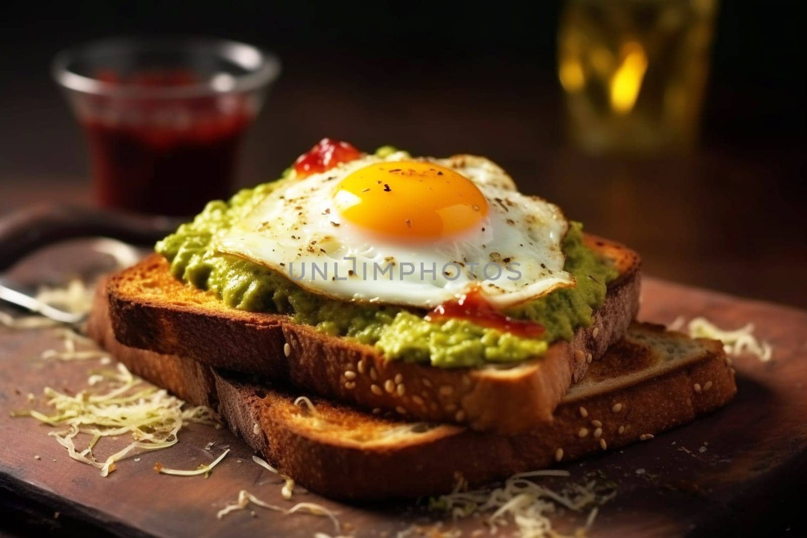 Two toast with egg and guacamole, generative ai