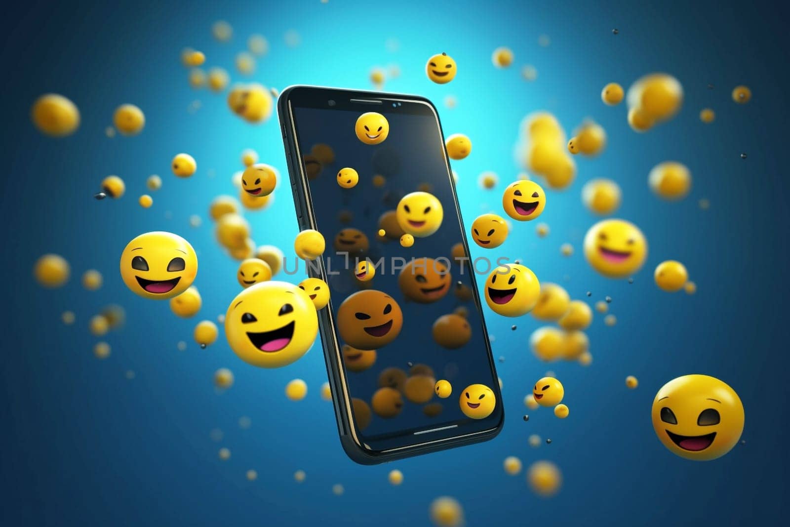 Yellow round emoticon fluttering around the smartphone, generative ai