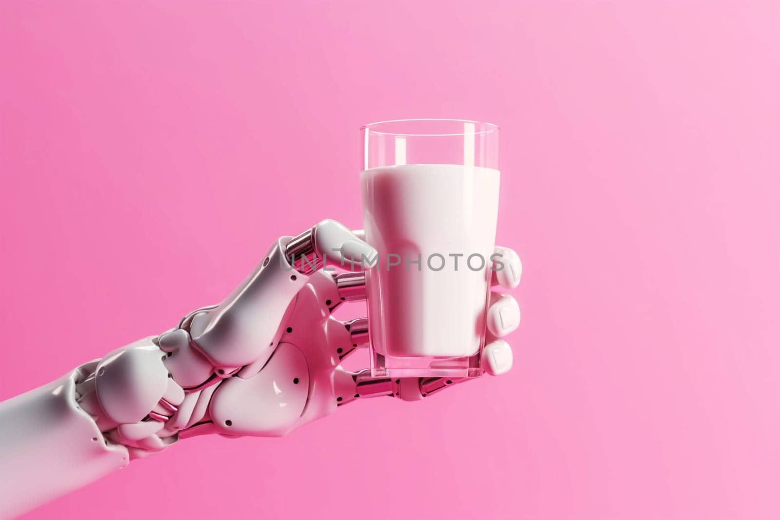 Robot hand holding a glass with milk, pink background, generative ai