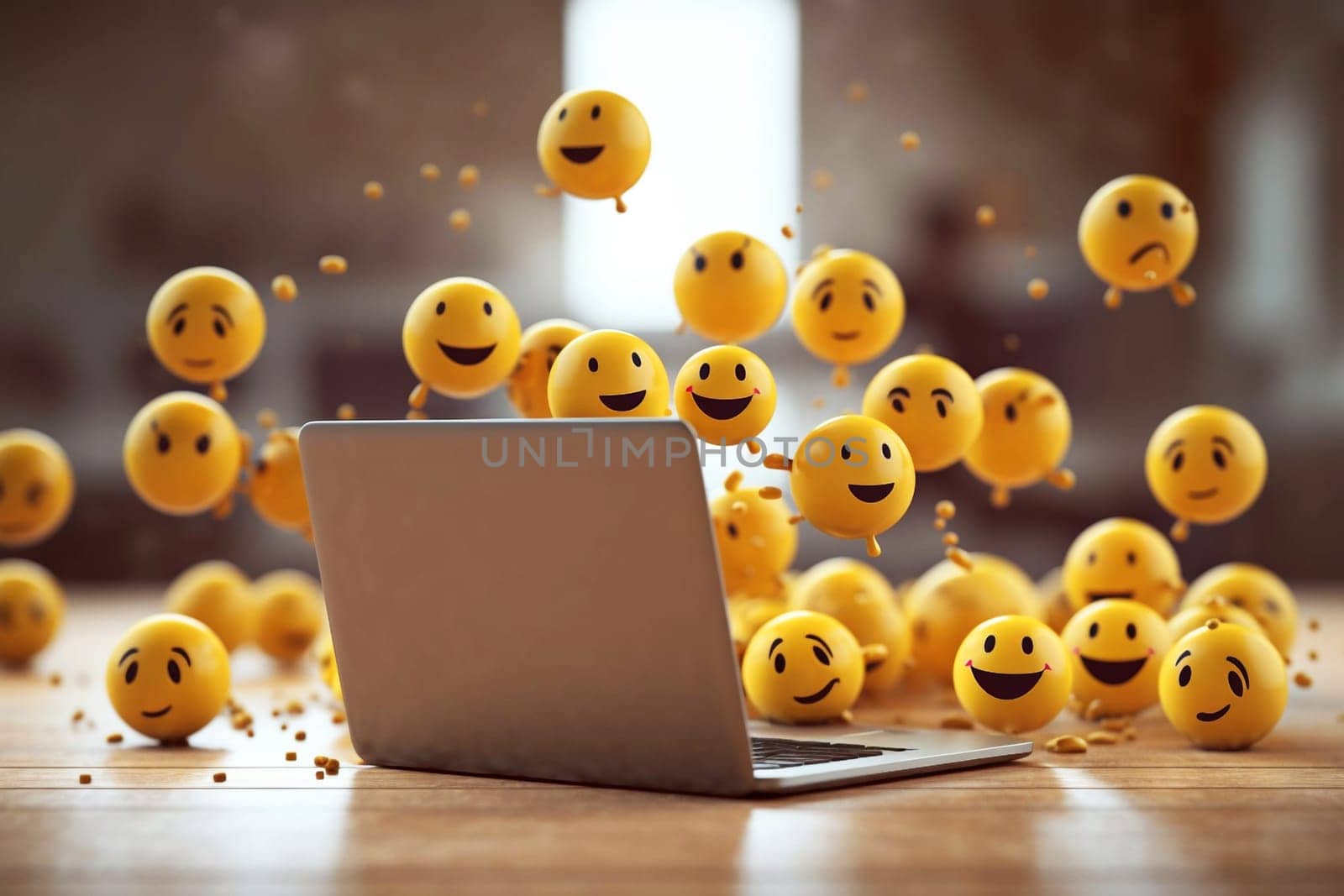 Many yellow emoticons flying out of the laptop, generative ai
