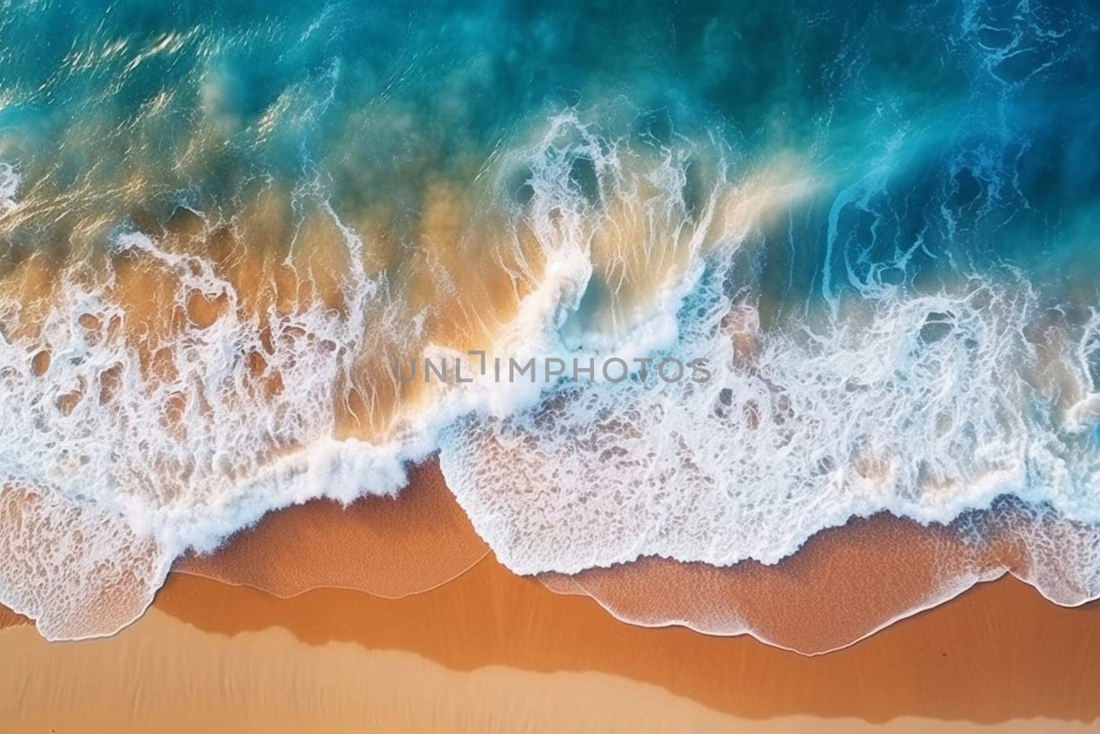 Top view of the sandy beach and sea waves, generative ai