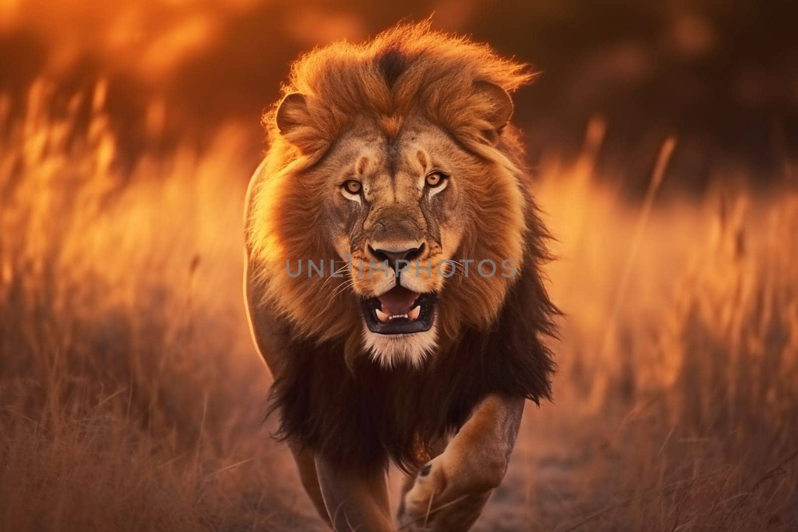 One big lion running in the savannah, generative ai