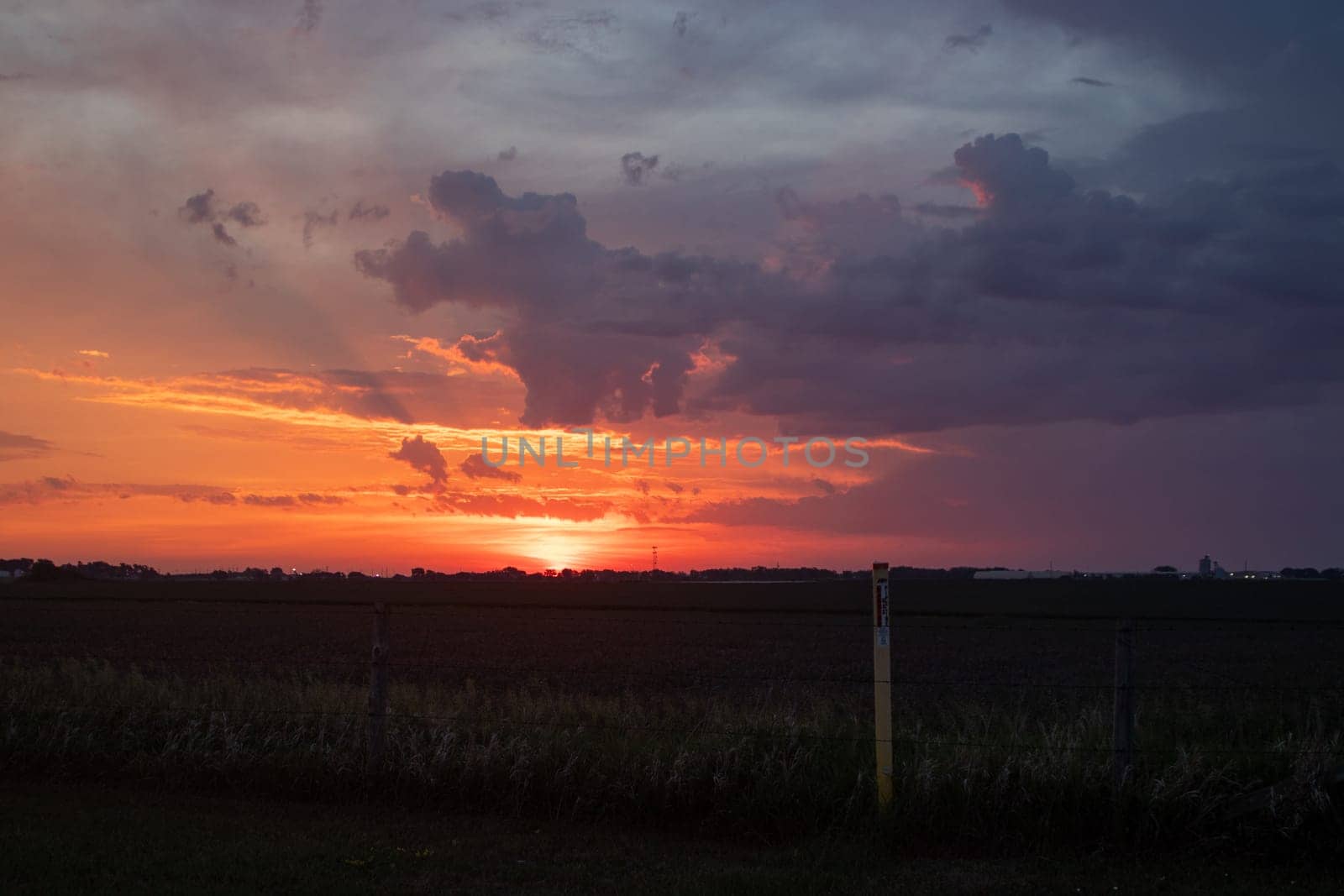 Bright Orange sunrise over Nebraska corn field by gena_wells