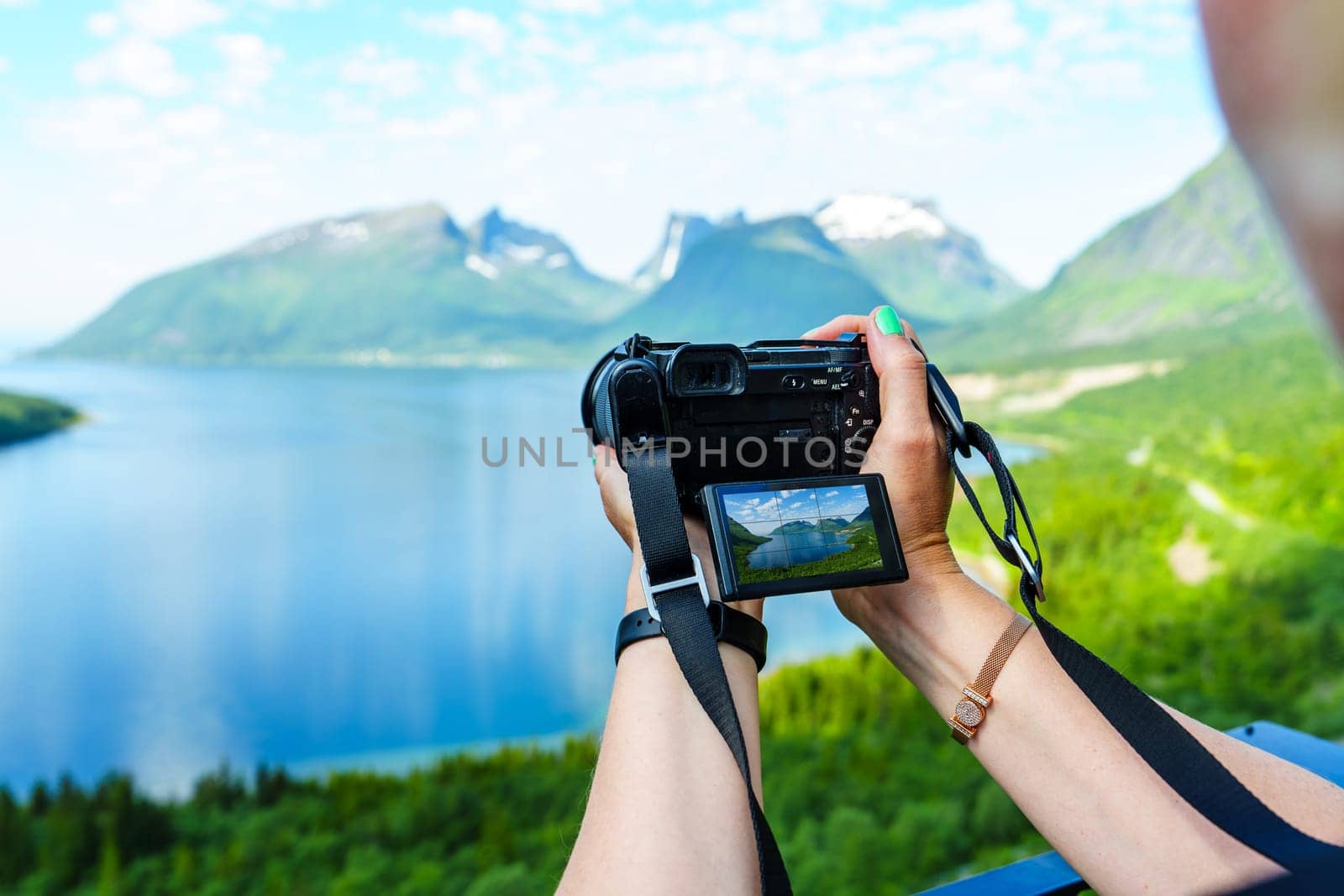 Young woman photographer making landscape photograpy of Norway fjords in bright summer day. Young woman with standing on a hill with green grass and making snapshot of a beautiful scene, arial view. Lofoten islands