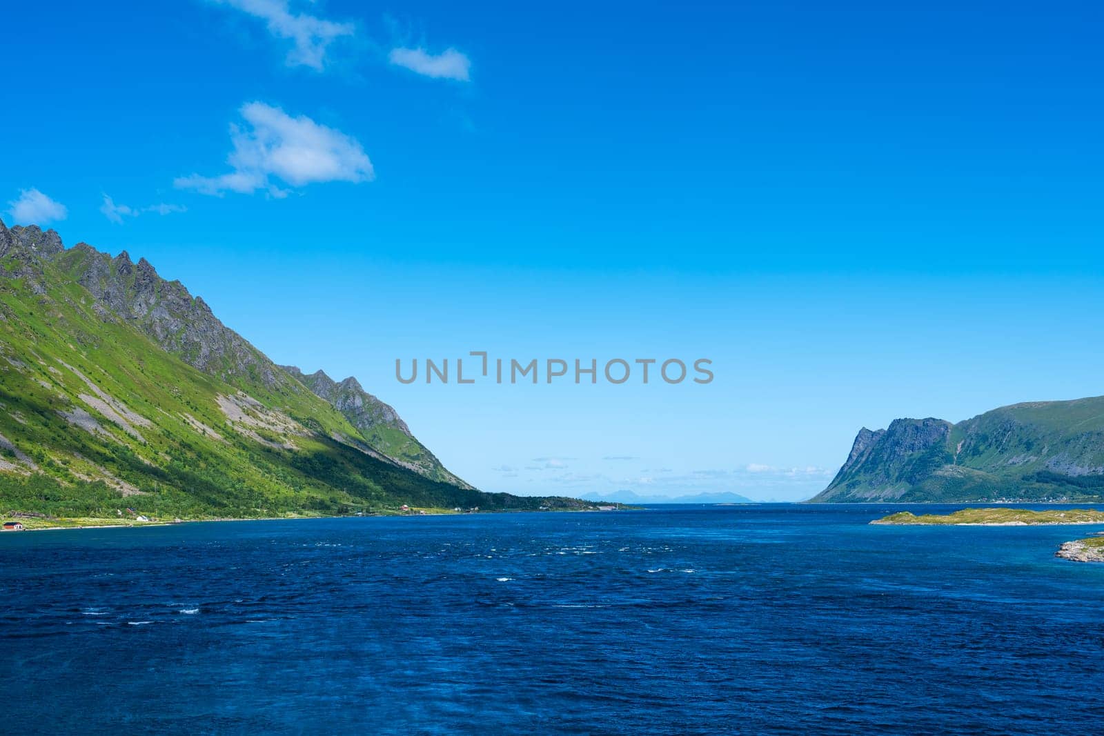 Summer sunny day at Lofoten, Norway, Nordland. Landscape with dramatic mountains and sea, ocean. by PhotoTime