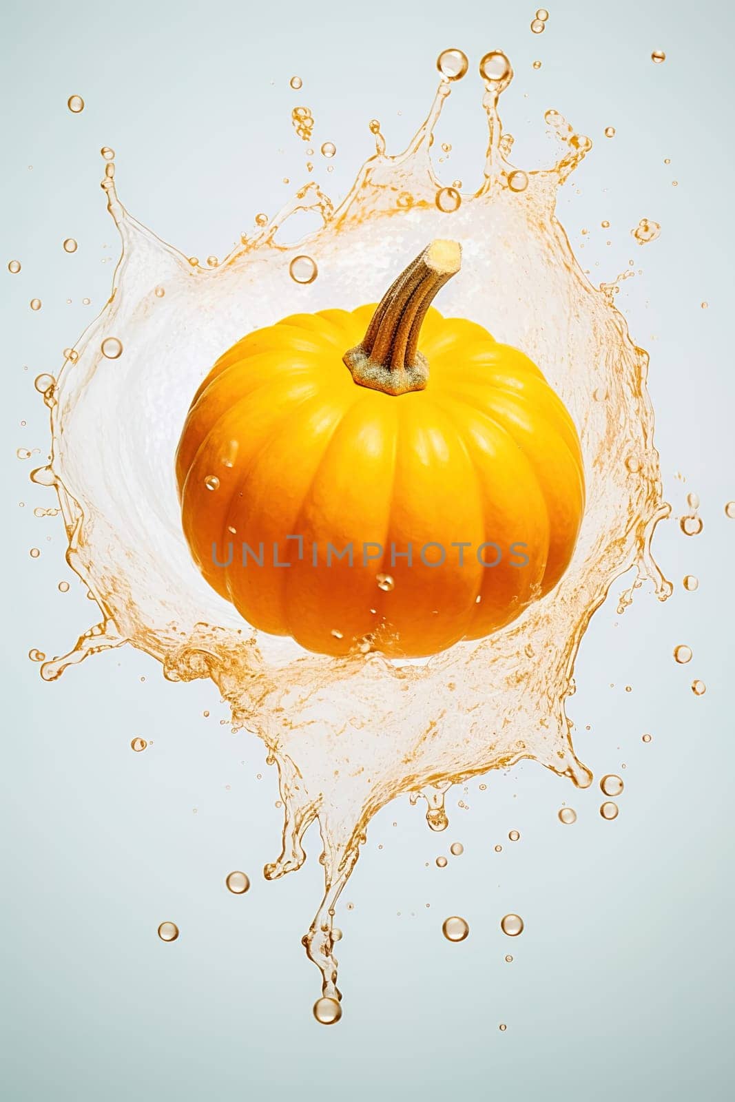 Pumpkin fruit with splashes of water on a blue background. High quality photo