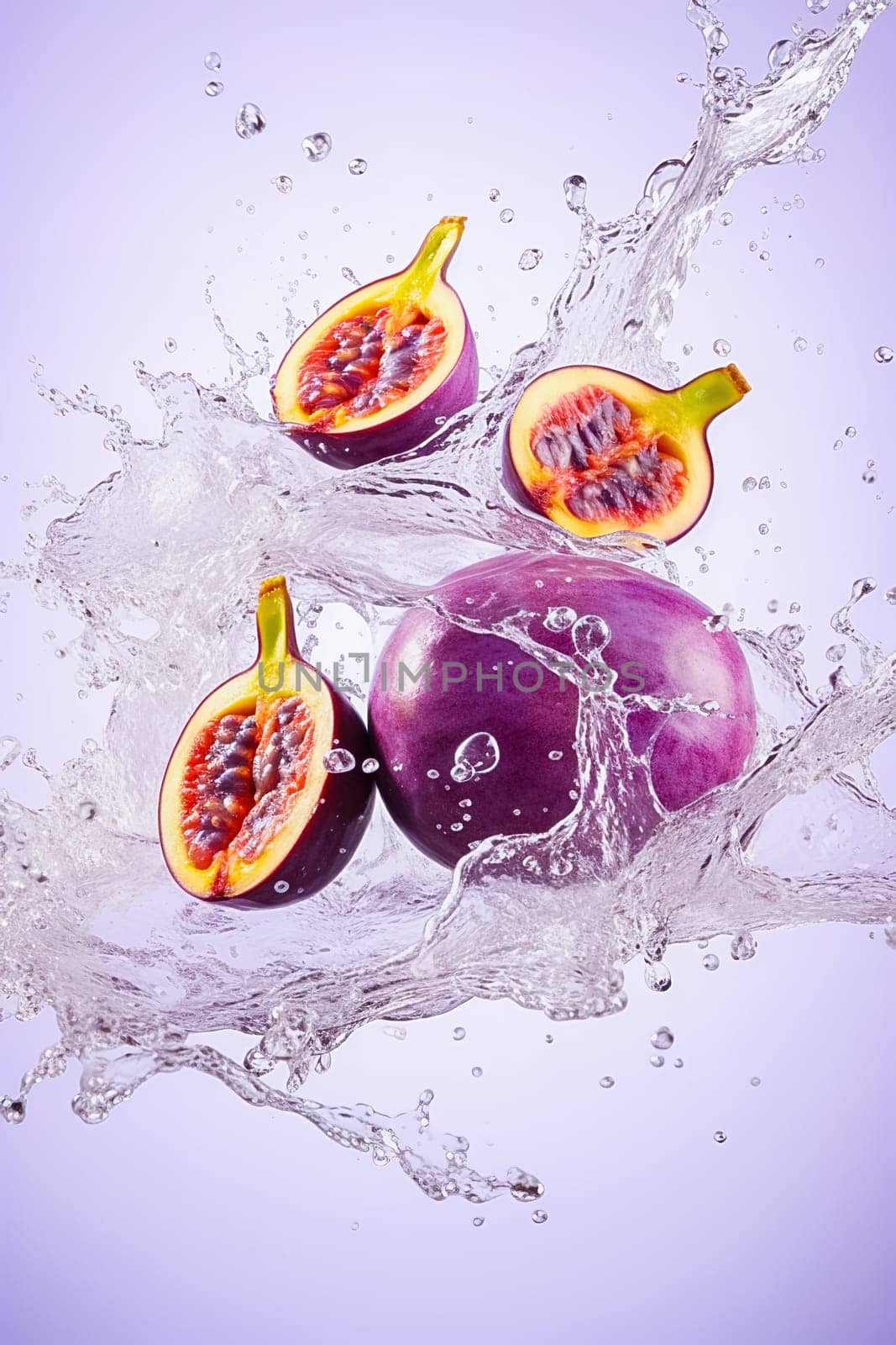 Fruits of tropical fruit passionfruit with water splash. High quality photo
